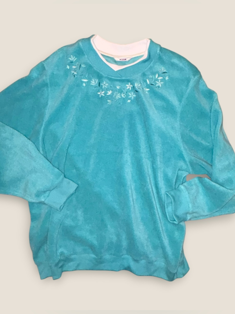 Vintage Cottagecore 90s Alia Teal Crewneck Embroidered Fleece Sweater